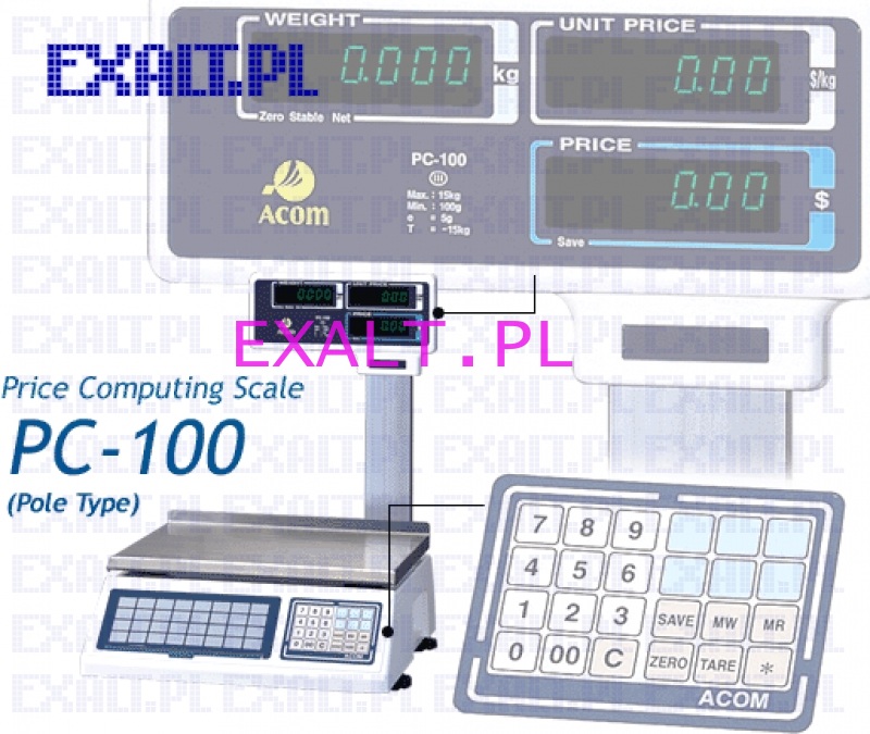 Waga kalkulacyjna do 15kg, dziaka 5g z legalizacj i z pamici PLU. Model PC100 (z zielonym wywietlaczem VFD)