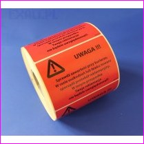 etykieta ostrzegawcza na paczki - czerwona, nadruk, 1000 szt. nawiniete na gilzie 40mm, papier termotransferowy, nadruk produkcyjny flexo
