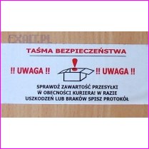 Tama zabezpieczajca do paczek z napisem -> TAMA BEZPIECZESTWA, UWAGA, sprawd zawarto przesyki w obecnoci kuriera, klej: kauczuk syntetyczny